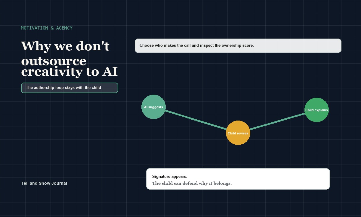 Artifact Atlas cover for Why we don&rsquo;t outsource creativity to AI: Motivation & agency skills constellation concept for The authorship loop stays with the child; product proof appears in the article&rsquo;s readable interactive modules.