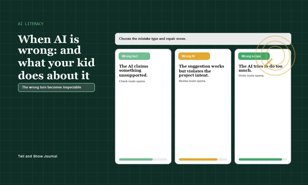 Artifact Atlas cover for When AI is wrong: AI literacy privacy ledger concept for The wrong turn becomes inspectable; product proof appears in the article&rsquo;s readable interactive modules.