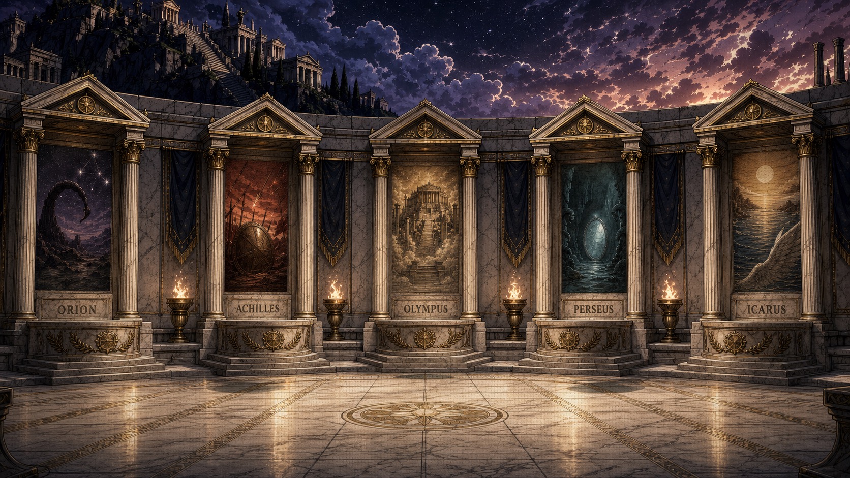 Mount Olympus — the in-game hub of Theo's God Games. A wide cinematic concourse with portals to each mini-game.